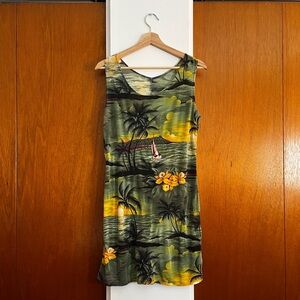 Vintage 90s Green Tropical Print Summer Dress